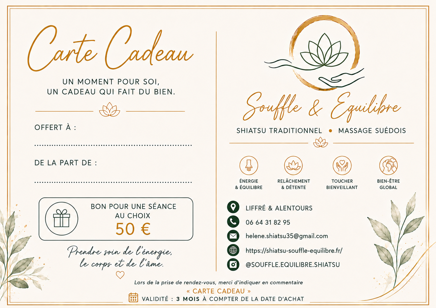 Carte cadeau Shiatsu et massage énergétique à Liffré - Souffle & Équilibre